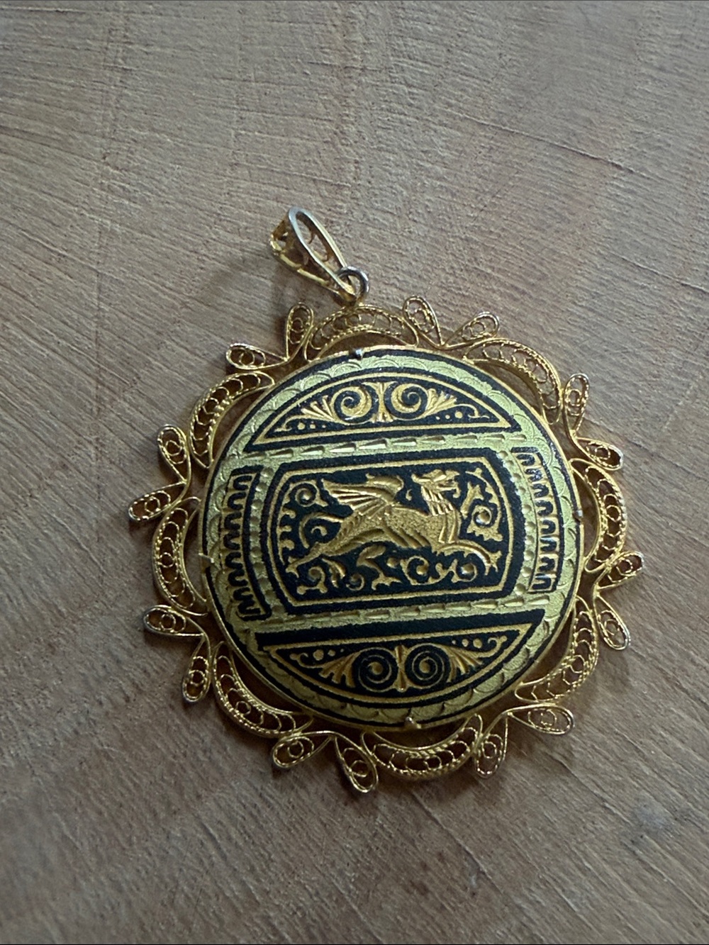 Gold and Black Filigree Round Pendant Necklace